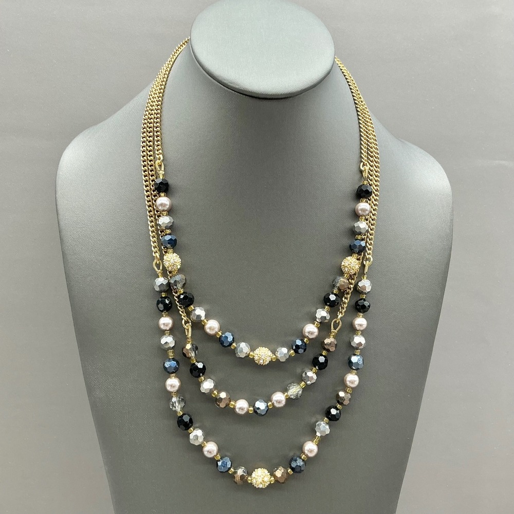 Talbots Necklace Triple Strand Gold Tone Chain Black Gray Pearl Beaded Statement